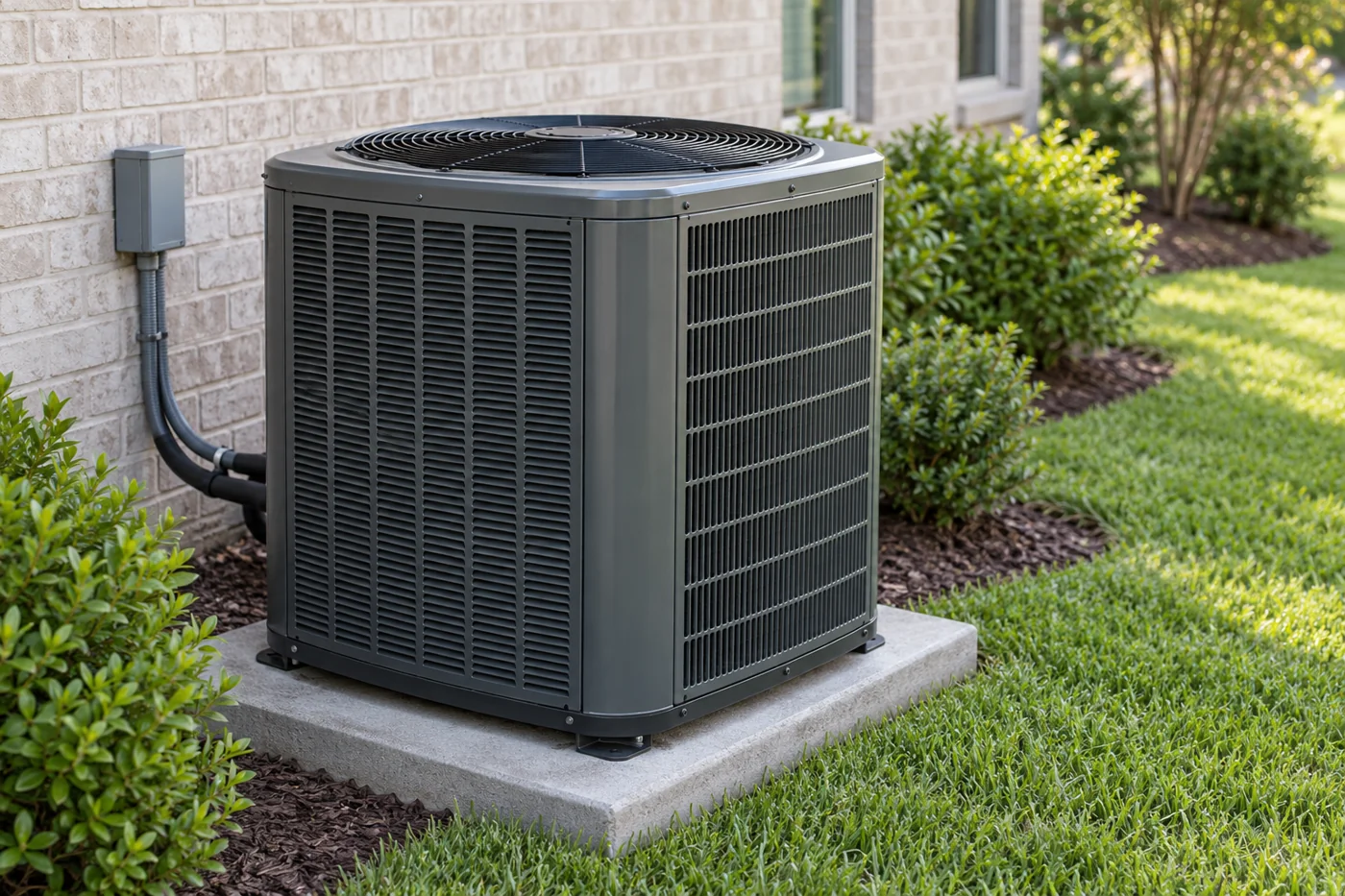 An illustrative outdoor central air conditioning unit with a top-mounted fan