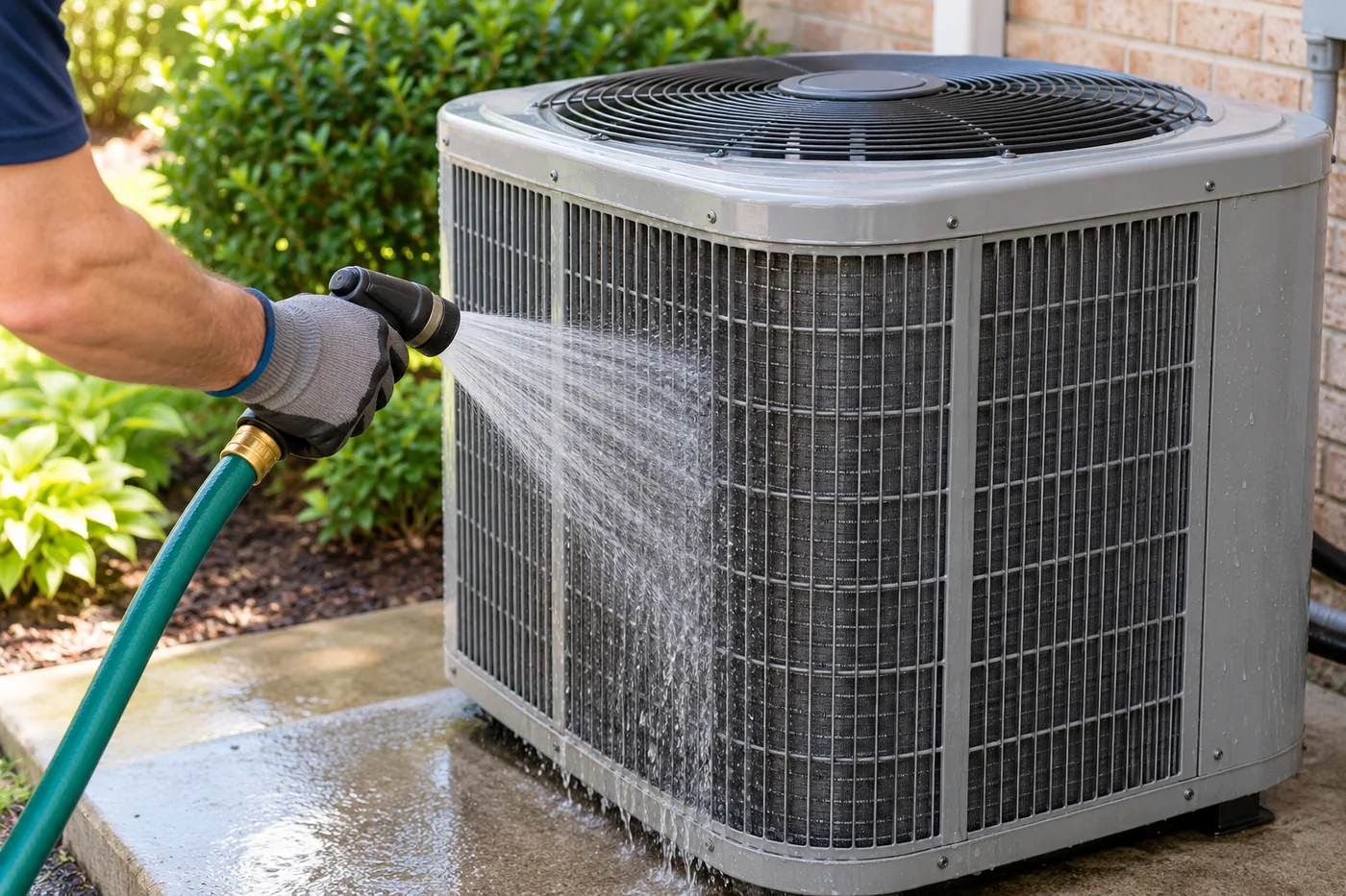 Outdoor air conditioner coils being rinsed with a gentle water spray