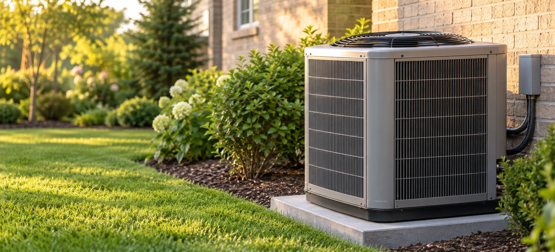 Illustrative central air conditioning system beside a landscaped brick home